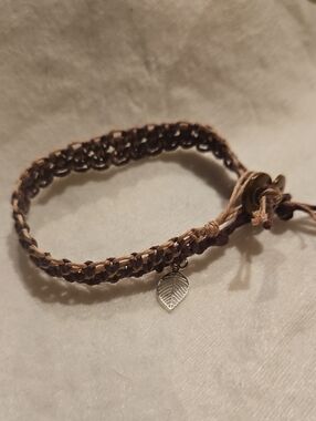 Handwoven Brown Cord Bracelet with Leaf Charm